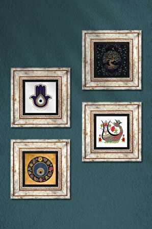 Fatma Ana Eli (Hamsa), Şahmeran, Hayat Ağacı, Nazar Taş Duvar Tablosu Çerçeveli Duvar Dekoru 4 Parça Tablo Seti Wall Art