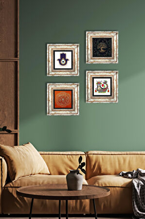 Fatma Ana Eli (Hamsa), Sri Yantra, Şahmeran, Hayat Ağacı Taş Duvar Tablosu Çerçeveli Duvar Dekoru 4 Parça Tablo Seti Wall Art