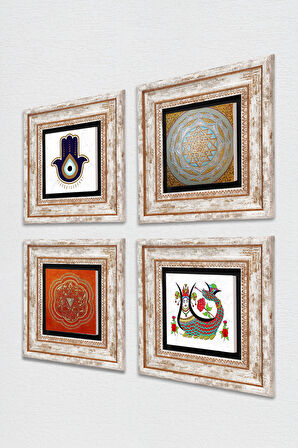 Fatma Ana Eli (Hamsa), Sri Yantra, Şahmeran Taş Duvar Tablosu Çerçeveli Duvar Dekoru 4 Parça Tablo Seti Wall Art