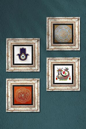 Fatma Ana Eli (Hamsa), Sri Yantra, Şahmeran Taş Duvar Tablosu Çerçeveli Duvar Dekoru 4 Parça Tablo Seti Wall Art