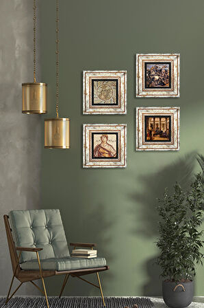 Soteria, Mozaik Serisi, Bir Roma Sanat Aşığı, Anghiari Savaşı Taş Duvar Tablosu Çerçeveli Duvar Dekoru 4 Parça Tablo Seti Wall Art