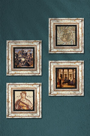 Soteria, Mozaik Serisi, Bir Roma Sanat Aşığı, Anghiari Savaşı Taş Duvar Tablosu Çerçeveli Duvar Dekoru 4 Parça Tablo Seti Wall Art