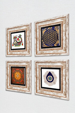 Nazar, Yaşam Çiçeği, Sri Yantra, Şahmeran Taş Duvar Tablosu Çerçeveli Duvar Dekoru 4 Parça Tablo Seti Wall Art