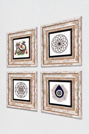 Nazar, Yaşam Çiçeği, Sri Yantra, Şahmeran Taş Duvar Tablosu Çerçeveli Duvar Dekoru 4 Parça Tablo Seti Wall Art