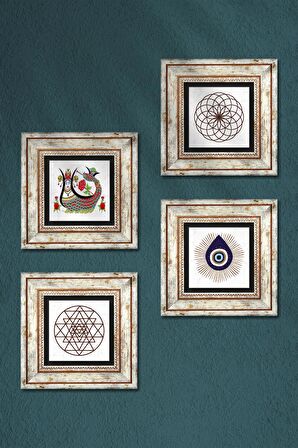 Nazar, Yaşam Çiçeği, Sri Yantra, Şahmeran Taş Duvar Tablosu Çerçeveli Duvar Dekoru 4 Parça Tablo Seti Wall Art