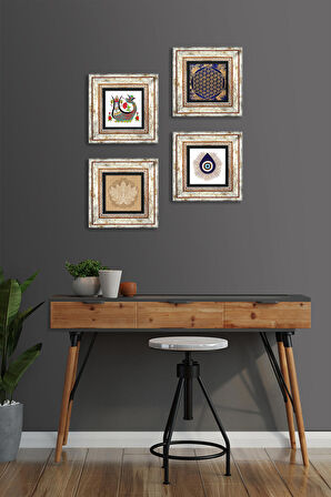 Nazar, Lotus Çiçeği, Yaşam Çiçeği, Şahmeran Taş Duvar Tablosu Çerçeveli Duvar Dekoru 4 Parça Tablo Seti Wall Art