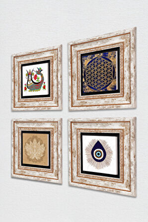 Nazar, Lotus Çiçeği, Yaşam Çiçeği, Şahmeran Taş Duvar Tablosu Çerçeveli Duvar Dekoru 4 Parça Tablo Seti Wall Art