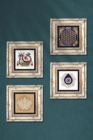 Nazar, Lotus Çiçeği, Yaşam Çiçeği, Şahmeran Taş Duvar Tablosu Çerçeveli Duvar Dekoru 4 Parça Tablo Seti Wall Art