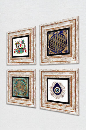 Nazar, Yaşam Çiçeği, Şahmeran Taş Duvar Tablosu Çerçeveli Duvar Dekoru 4 Parça Tablo Seti Wall Art