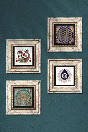 Nazar, Yaşam Çiçeği, Şahmeran Taş Duvar Tablosu Çerçeveli Duvar Dekoru 4 Parça Tablo Seti Wall Art