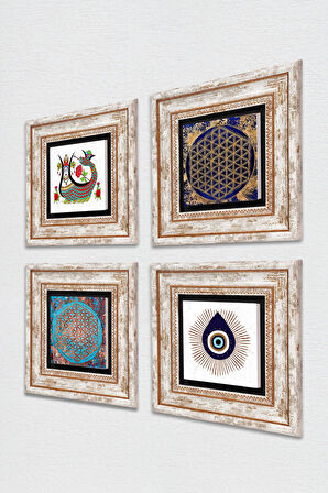 Nazar, Yaşam Çiçeği, Şahmeran Taş Duvar Tablosu Çerçeveli Duvar Dekoru 4 Parça Tablo Seti Wall Art