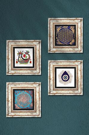 Nazar, Yaşam Çiçeği, Şahmeran Taş Duvar Tablosu Çerçeveli Duvar Dekoru 4 Parça Tablo Seti Wall Art