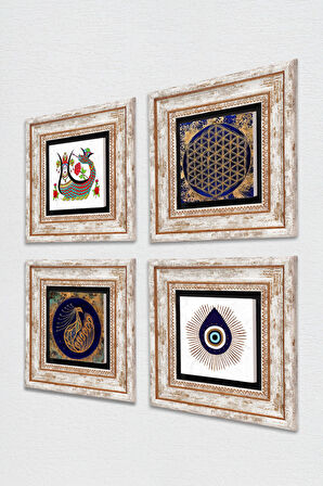 Nazar, Tavus Kuşu, Yaşam Çiçeği, Şahmeran Taş Duvar Tablosu Çerçeveli Duvar Dekoru 4 Parça Tablo Seti Wall Art