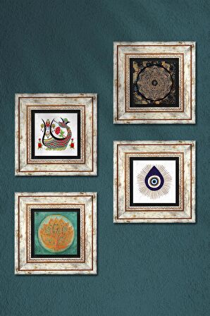 Nazar, Sri Yantra, Lotus Çiçeği, Şahmeran Taş Duvar Tablosu Çerçeveli Duvar Dekoru 4 Parça Tablo Seti Wall Art