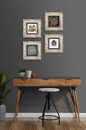 Nazar, Sri Yantra, Yaşam Çiçeği, Şahmeran Taş Duvar Tablosu Çerçeveli Duvar Dekoru 4 Parça Tablo Seti Wall Art