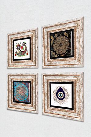 Nazar, Sri Yantra, Yaşam Çiçeği, Şahmeran Taş Duvar Tablosu Çerçeveli Duvar Dekoru 4 Parça Tablo Seti Wall Art