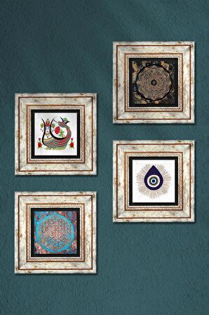 Nazar, Sri Yantra, Yaşam Çiçeği, Şahmeran Taş Duvar Tablosu Çerçeveli Duvar Dekoru 4 Parça Tablo Seti Wall Art