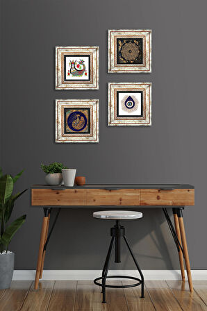 Nazar, Sri Yantra, Tavus Kuşu, Şahmeran Taş Duvar Tablosu Çerçeveli Duvar Dekoru 4 Parça Tablo Seti Wall Art