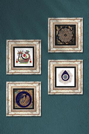 Nazar, Sri Yantra, Tavus Kuşu, Şahmeran Taş Duvar Tablosu Çerçeveli Duvar Dekoru 4 Parça Tablo Seti Wall Art