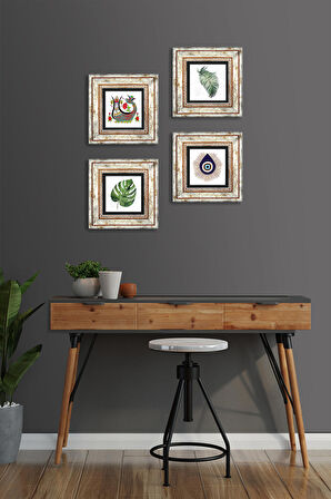 Nazar, Yaprak, Şahmeran Taş Duvar Tablosu Çerçeveli Duvar Dekoru 4 Parça Tablo Seti Wall Art