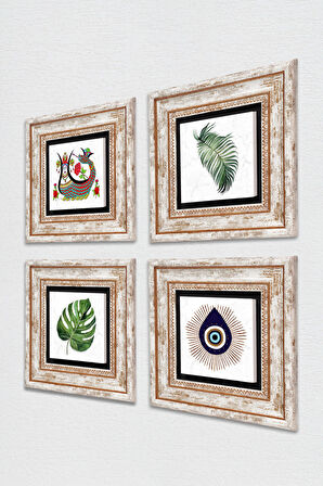 Nazar, Yaprak, Şahmeran Taş Duvar Tablosu Çerçeveli Duvar Dekoru 4 Parça Tablo Seti Wall Art