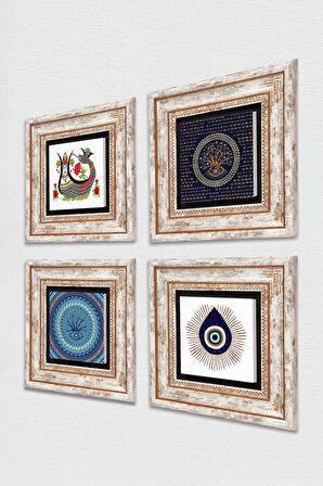 Nazar, Şahmeran Taş Duvar Tablosu Çerçeveli Duvar Dekoru 4 Parça Tablo Seti Wall Art