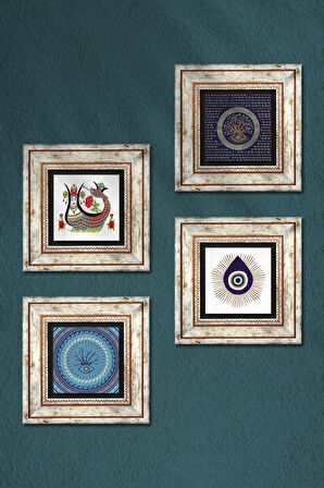 Nazar, Şahmeran Taş Duvar Tablosu Çerçeveli Duvar Dekoru 4 Parça Tablo Seti Wall Art