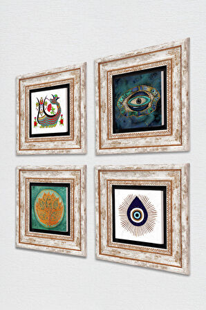 Nazar, Lotus Çiçeği, Şahmeran Taş Duvar Tablosu Çerçeveli Duvar Dekoru 4 Parça Tablo Seti Wall Art