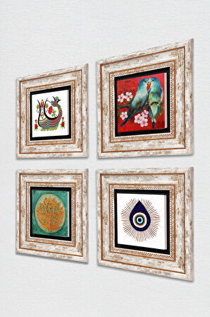 Nazar, Kuş, Lotus Çiçeği, Şahmeran Taş Duvar Tablosu Çerçeveli Duvar Dekoru 4 Parça Tablo Seti Wall Art