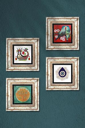 Nazar, Kuş, Lotus Çiçeği, Şahmeran Taş Duvar Tablosu Çerçeveli Duvar Dekoru 4 Parça Tablo Seti Wall Art