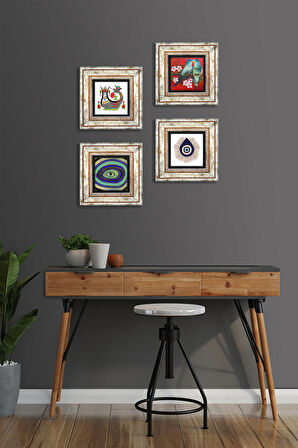 Kuş, Nazar, Şahmeran Taş Duvar Tablosu Çerçeveli Duvar Dekoru 4 Parça Tablo Seti Wall Art