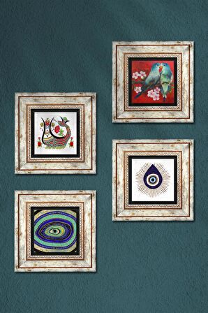 Kuş, Nazar, Şahmeran Taş Duvar Tablosu Çerçeveli Duvar Dekoru 4 Parça Tablo Seti Wall Art