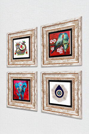 Nazar, Fil, Kuş, Şahmeran Taş Duvar Tablosu Çerçeveli Duvar Dekoru 4 Parça Tablo Seti Wall Art