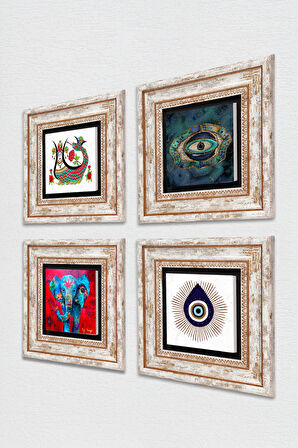 Fil, Nazar, Şahmeran Taş Duvar Tablosu Çerçeveli Duvar Dekoru 4 Parça Tablo Seti Wall Art