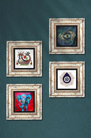 Fil, Nazar, Şahmeran Taş Duvar Tablosu Çerçeveli Duvar Dekoru 4 Parça Tablo Seti Wall Art