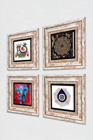 Nazar, Fil, Sri Yantra, Şahmeran Taş Duvar Tablosu Çerçeveli Duvar Dekoru 4 Parça Tablo Seti Wall Art