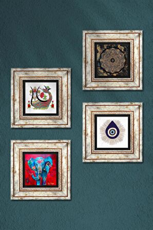 Nazar, Fil, Sri Yantra, Şahmeran Taş Duvar Tablosu Çerçeveli Duvar Dekoru 4 Parça Tablo Seti Wall Art