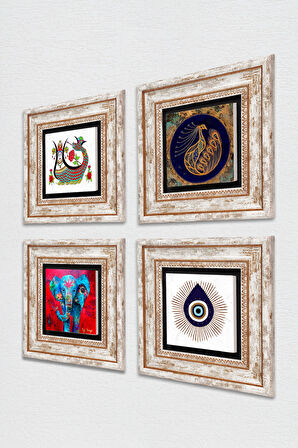 Nazar, Fil, Tavus Kuşu, Şahmeran Taş Duvar Tablosu Çerçeveli Duvar Dekoru 4 Parça Tablo Seti Wall Art
