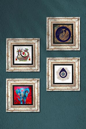 Nazar, Fil, Tavus Kuşu, Şahmeran Taş Duvar Tablosu Çerçeveli Duvar Dekoru 4 Parça Tablo Seti Wall Art