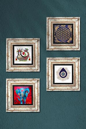 Nazar, Fil, Yaşam Çiçeği, Şahmeran Taş Duvar Tablosu Çerçeveli Duvar Dekoru 4 Parça Tablo Seti Wall Art