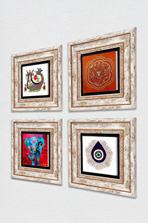 Nazar, Fil, Sri Yantra, Şahmeran Taş Duvar Tablosu Çerçeveli Duvar Dekoru 4 Parça Tablo Seti Wall Art