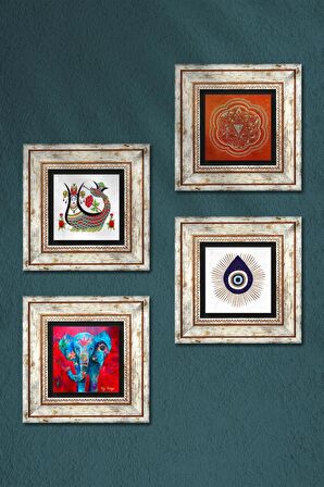 Nazar, Fil, Sri Yantra, Şahmeran Taş Duvar Tablosu Çerçeveli Duvar Dekoru 4 Parça Tablo Seti Wall Art