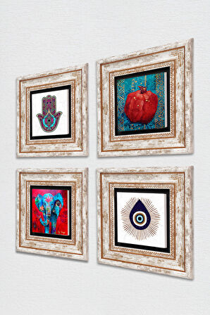 Nazar, Fil, Fatma Ana Eli (Hamsa), Nar Taş Duvar Tablosu Çerçeveli Duvar Dekoru 4 Parça Tablo Seti Wall Art