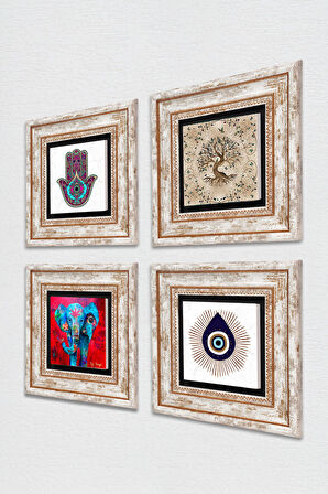 Nazar, Fil, Fatma Ana Eli (Hamsa), Hayat Ağacı Taş Duvar Tablosu Çerçeveli Duvar Dekoru 4 Parça Tablo Seti Wall Art