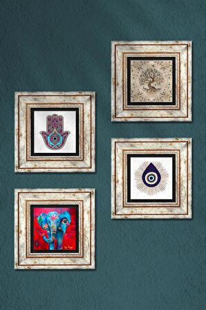 Nazar, Fil, Fatma Ana Eli (Hamsa), Hayat Ağacı Taş Duvar Tablosu Çerçeveli Duvar Dekoru 4 Parça Tablo Seti Wall Art