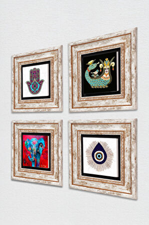 Nazar, Fil, Fatma Ana Eli (Hamsa), Şahmeran Taş Duvar Tablosu Çerçeveli Duvar Dekoru 4 Parça Tablo Seti Wall Art