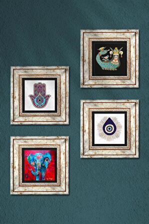 Nazar, Fil, Fatma Ana Eli (Hamsa), Şahmeran Taş Duvar Tablosu Çerçeveli Duvar Dekoru 4 Parça Tablo Seti Wall Art