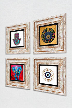 Fil, Fatma Ana Eli (Hamsa), Nazar Taş Duvar Tablosu Çerçeveli Duvar Dekoru 4 Parça Tablo Seti Wall Art