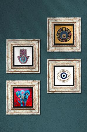Fil, Fatma Ana Eli (Hamsa), Nazar Taş Duvar Tablosu Çerçeveli Duvar Dekoru 4 Parça Tablo Seti Wall Art