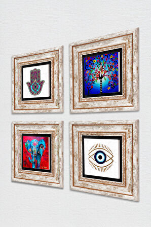 Nazar, Fil, Fatma Ana Eli (Hamsa), Hayat Ağacı Taş Duvar Tablosu Çerçeveli Duvar Dekoru 4 Parça Tablo Seti Wall Art